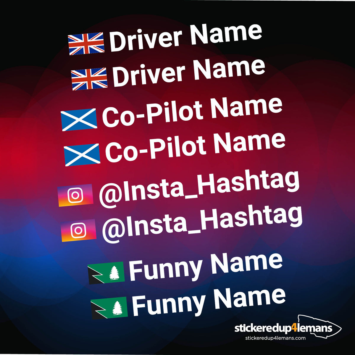 Pair of Racing Driver Names Personalised Race Sticker (WITH FLAG)